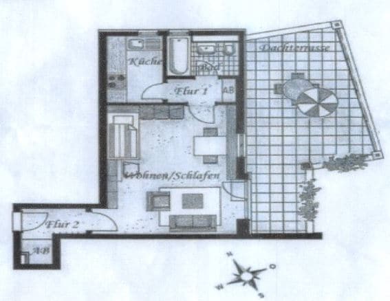 1 Zimmer Appartment mit großer Dachterrasse in zentraler Lage von Taufkirchen - Grundriss